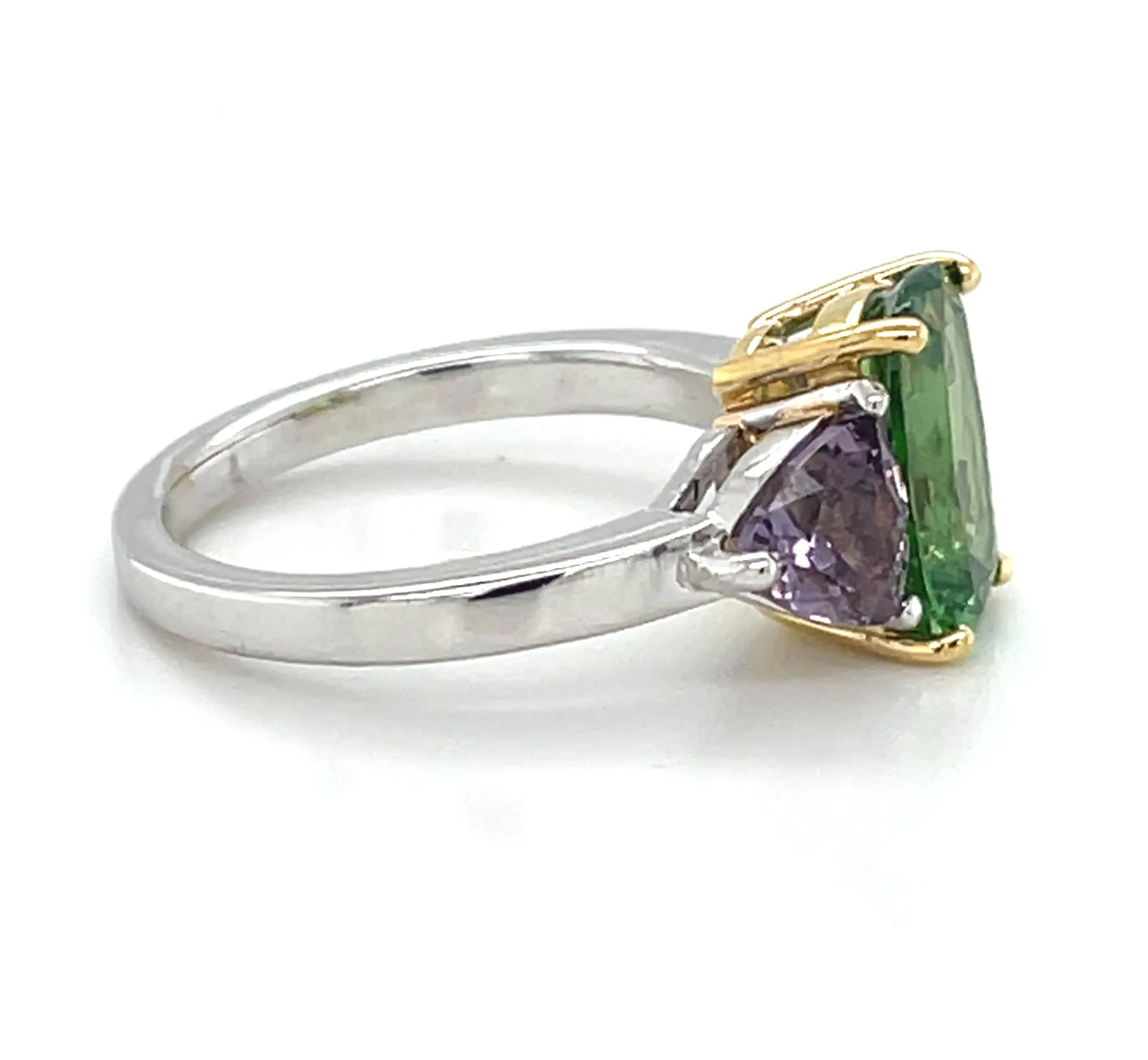 Tsavorite Garnet and Purple Spinel Three-Stone Engagement Ring in 18k Gold
