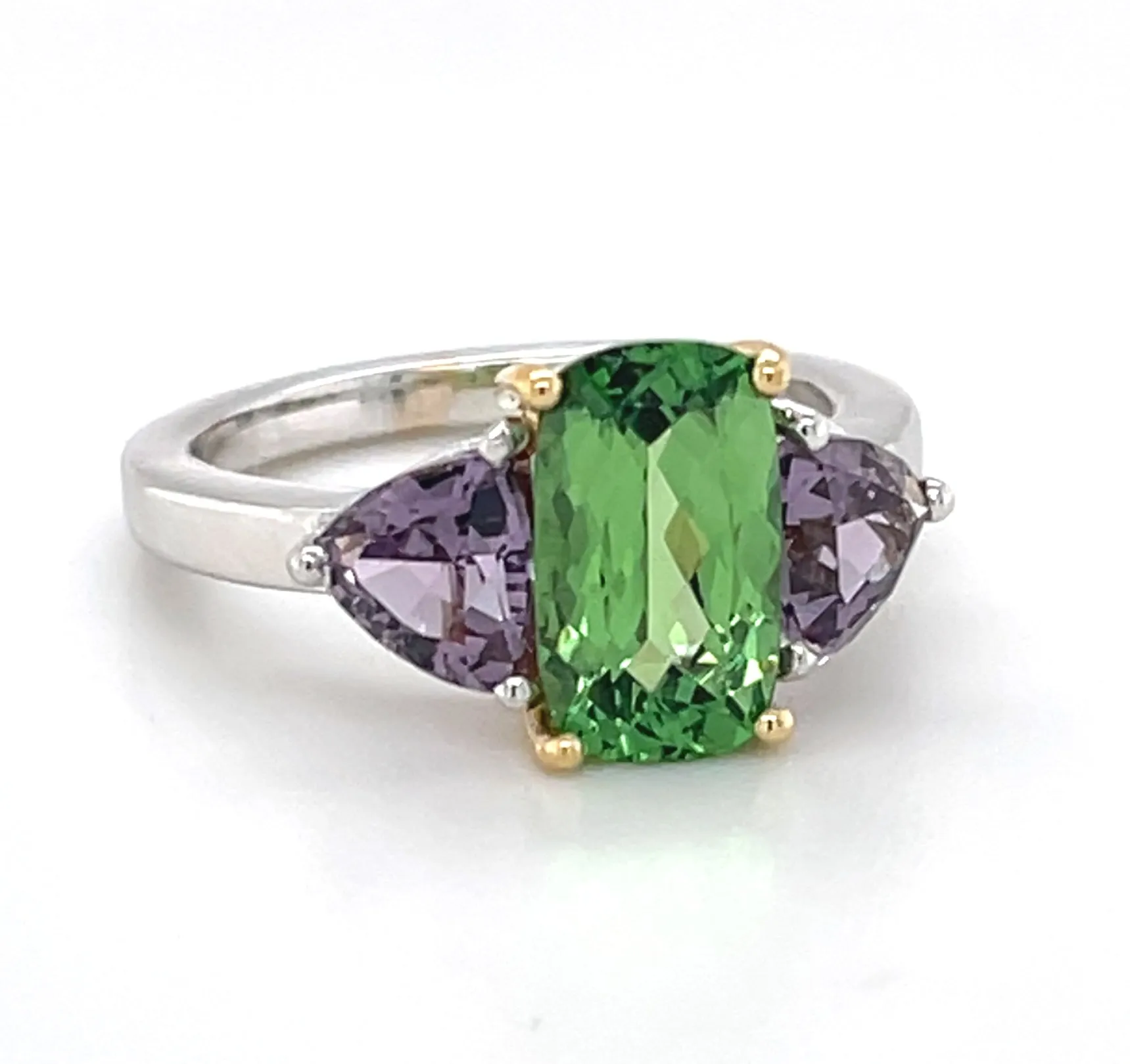 Tsavorite Garnet and Purple Spinel Three-Stone Engagement Ring in 18k Gold