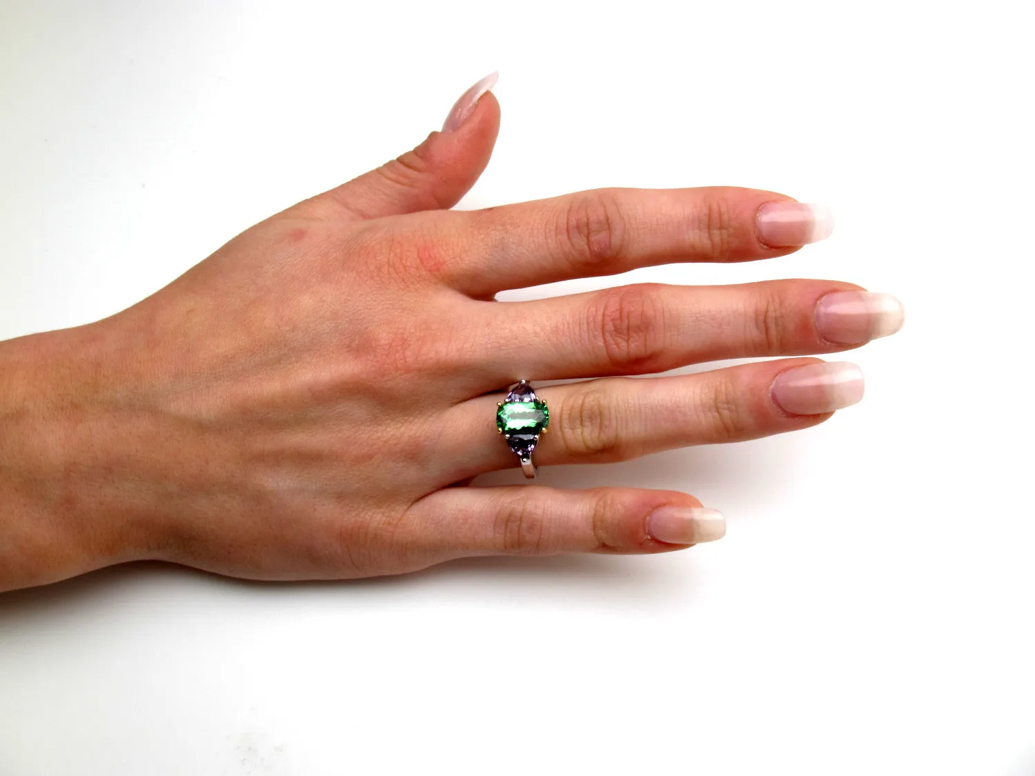 Tsavorite Garnet and Purple Spinel Three-Stone Engagement Ring in 18k Gold