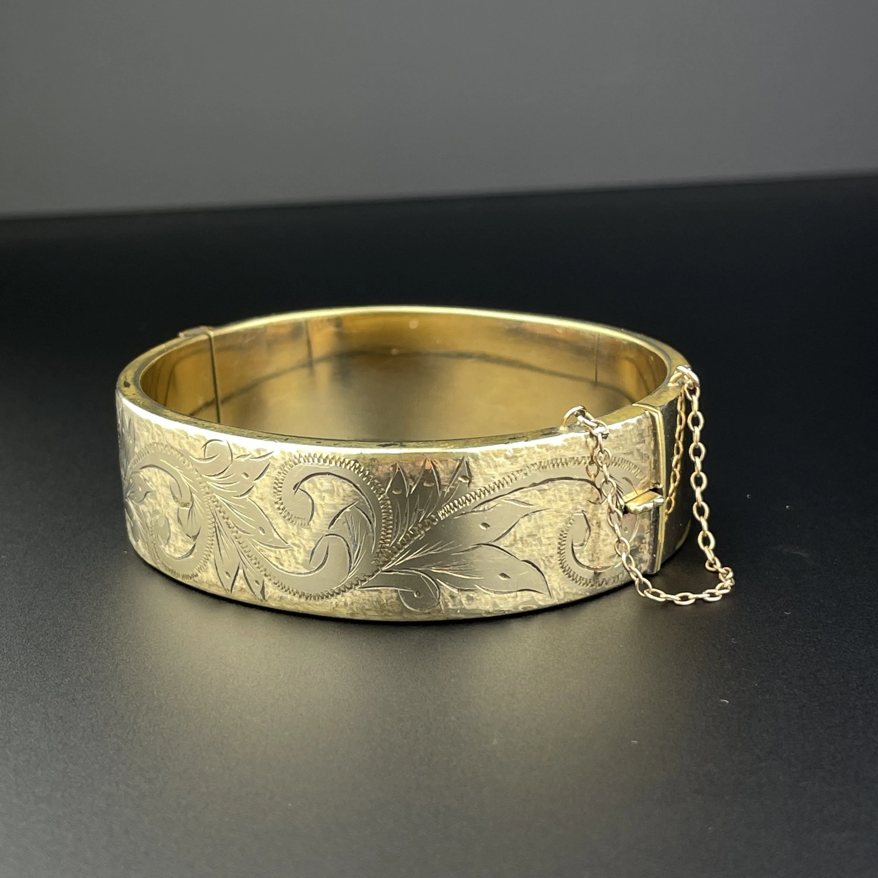 Vintage Floral Engraved Rolled Gold Cuff Bangle Bracelet