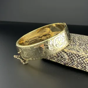 Vintage Floral Engraved Rolled Gold Cuff Bangle Bracelet