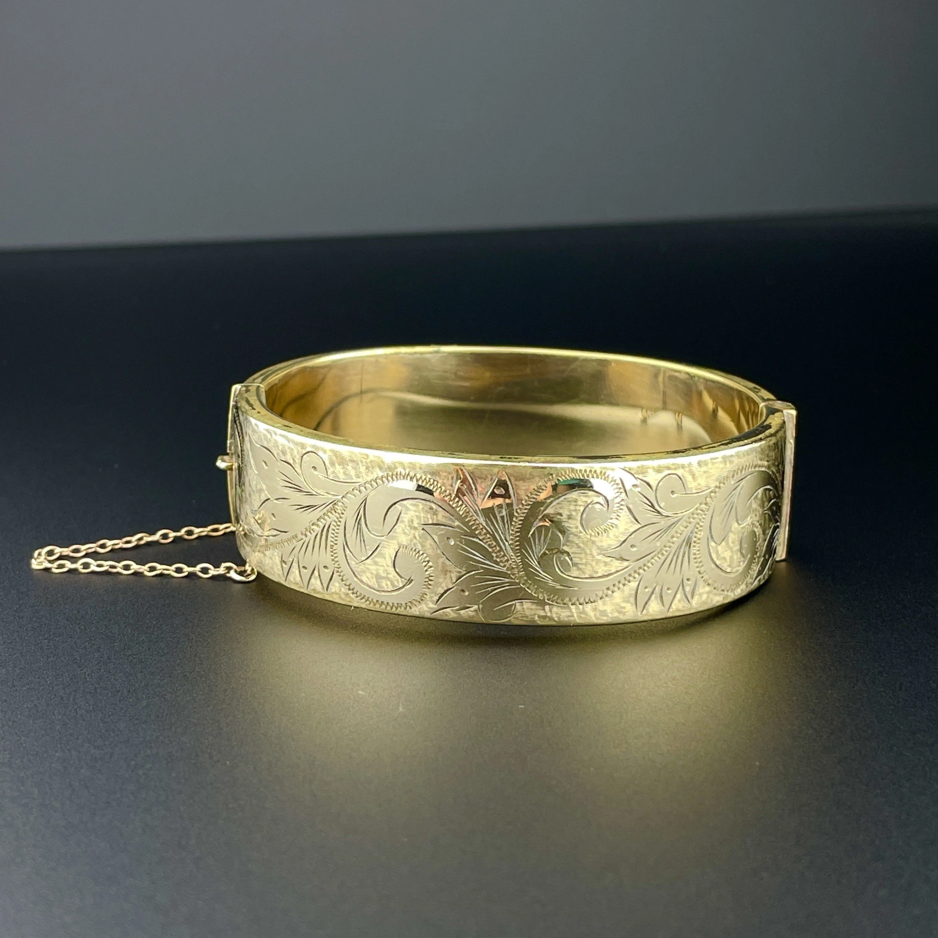 Vintage Floral Engraved Rolled Gold Cuff Bangle Bracelet