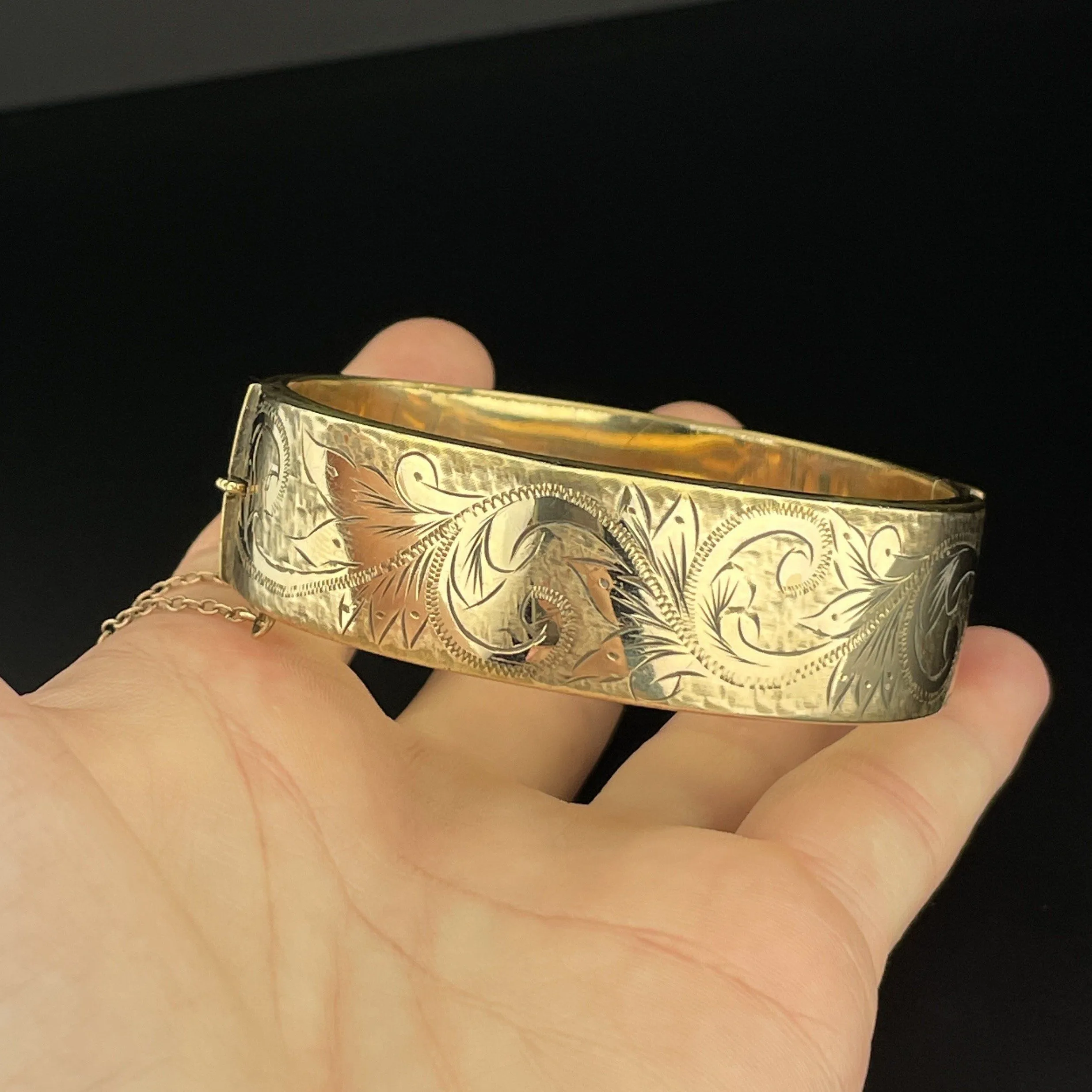 Vintage Floral Engraved Rolled Gold Cuff Bangle Bracelet